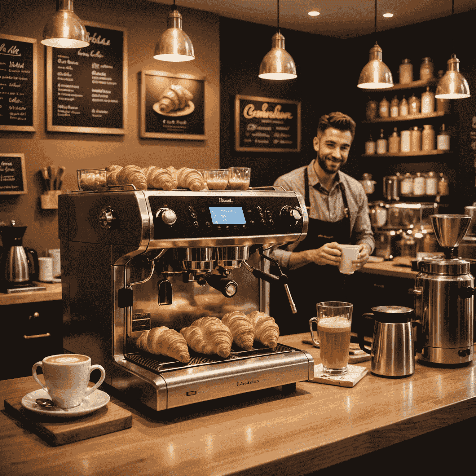 A cozy café interior with warm lighting, showcasing a display of golden, flaky croissants and a barista preparing coffee using high-end equipment. The ambiance reflects a blend of American coffee shop culture with a touch of Canadian hospitality.