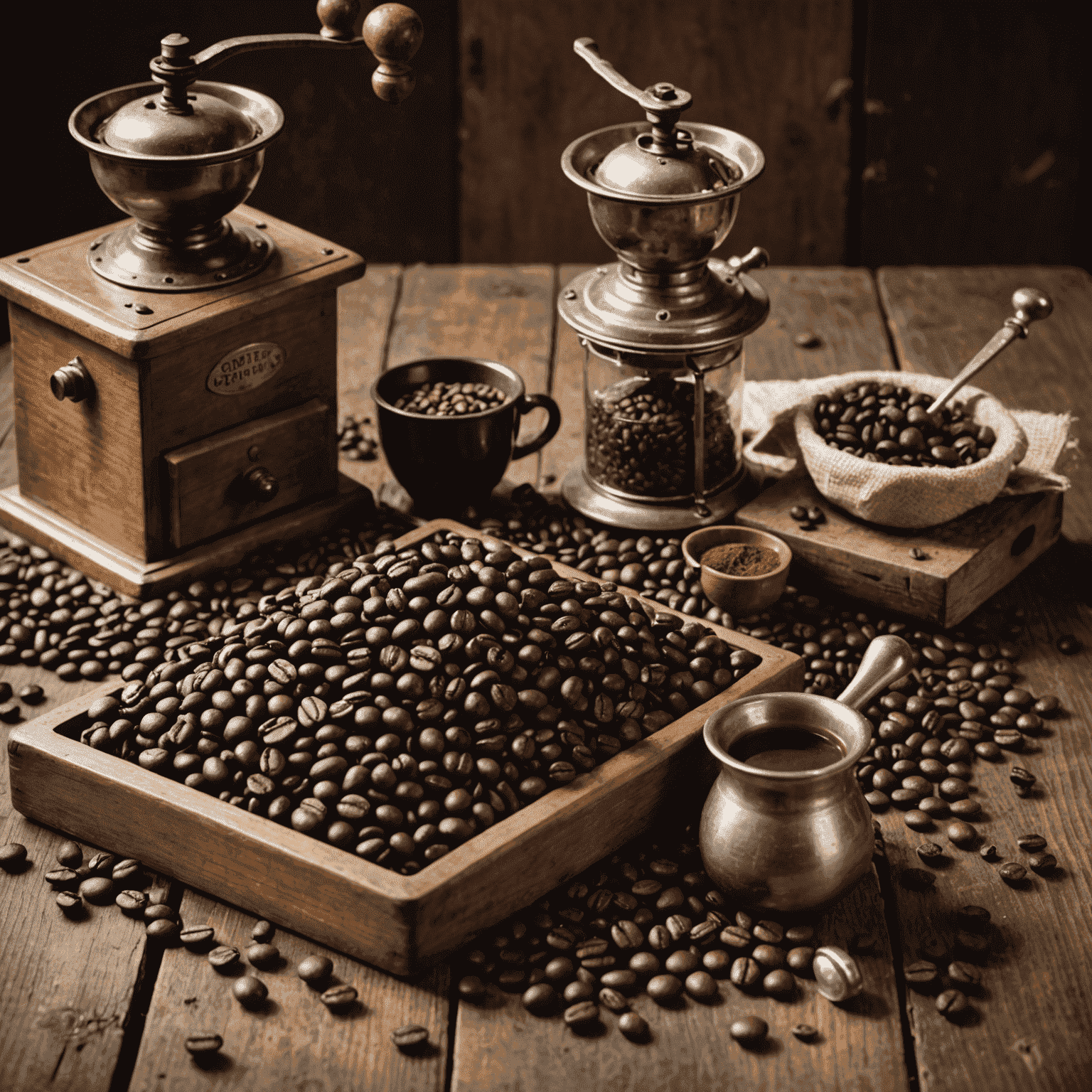 A selection of various American coffee beans, ranging from light to dark roasts, arranged on a rustic wooden table with a vintage coffee grinder in the background