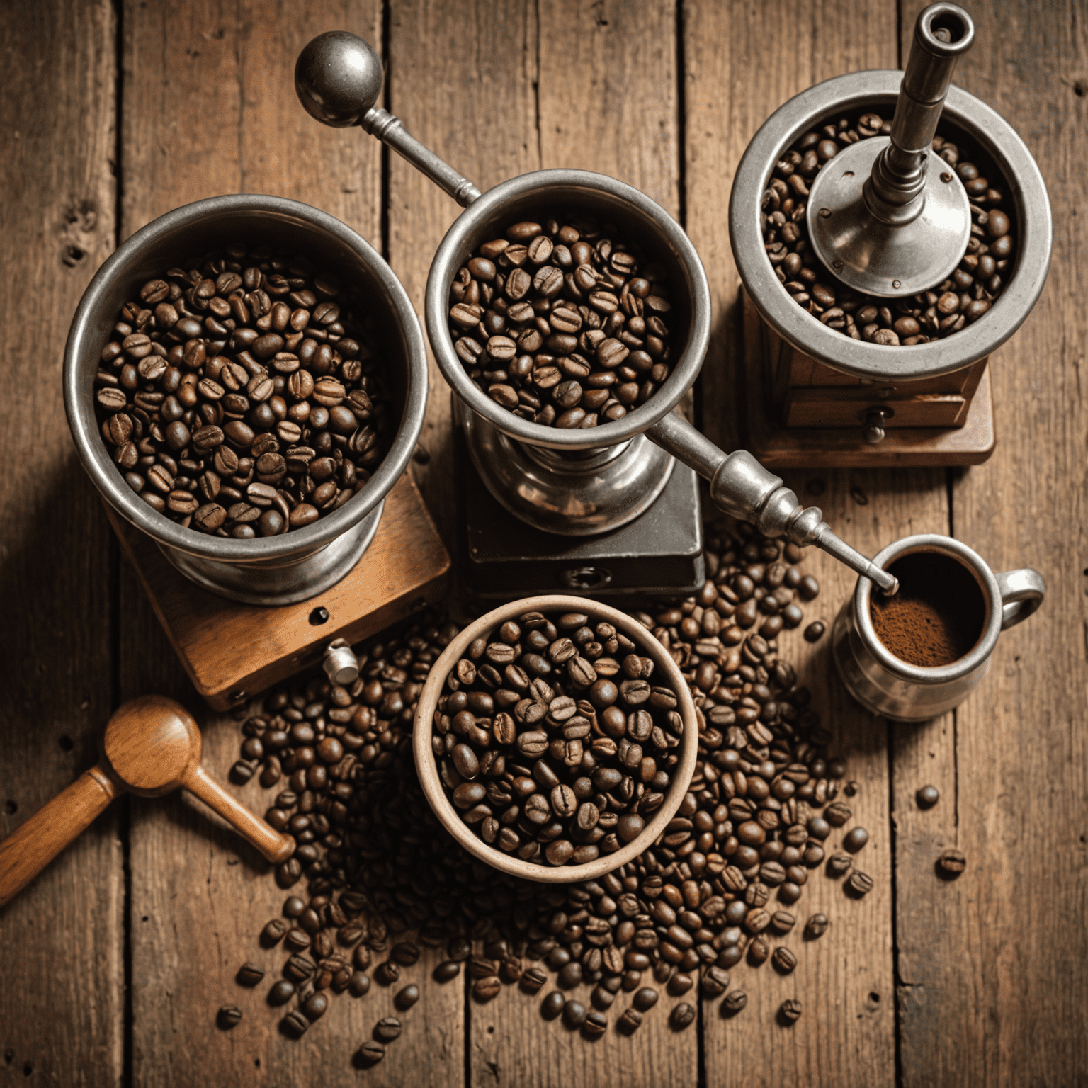 A variety of American coffee beans in different shades of brown, arranged on a rustic wooden table with a coffee grinder and scale nearby