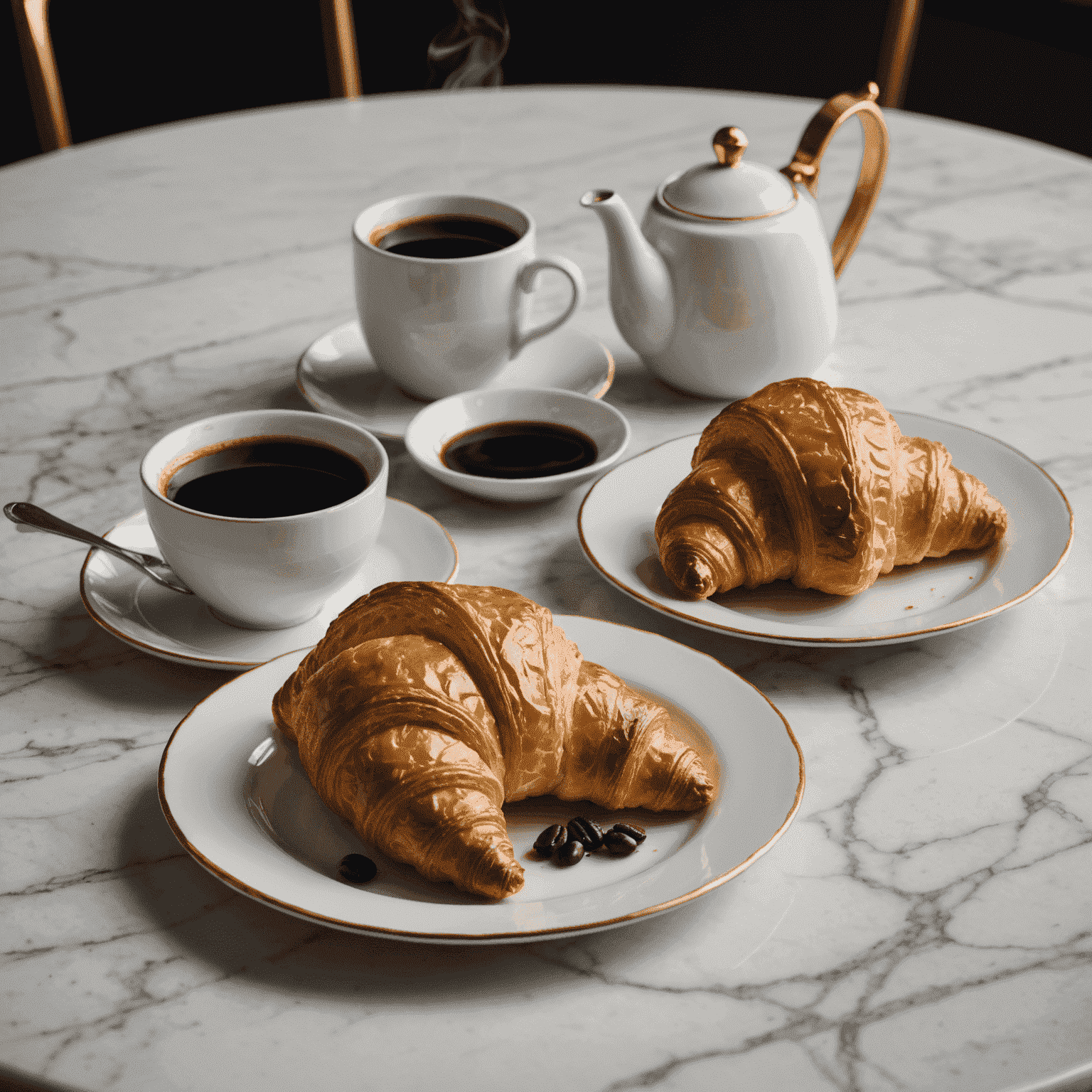 A beautifully arranged plate with a golden, flaky croissant next to a steaming cup of rich, dark coffee on a marble countertop. The scene is bathed in warm, natural light, emphasizing the textures of the pastry and the aromatic wisps of steam from the coffee.