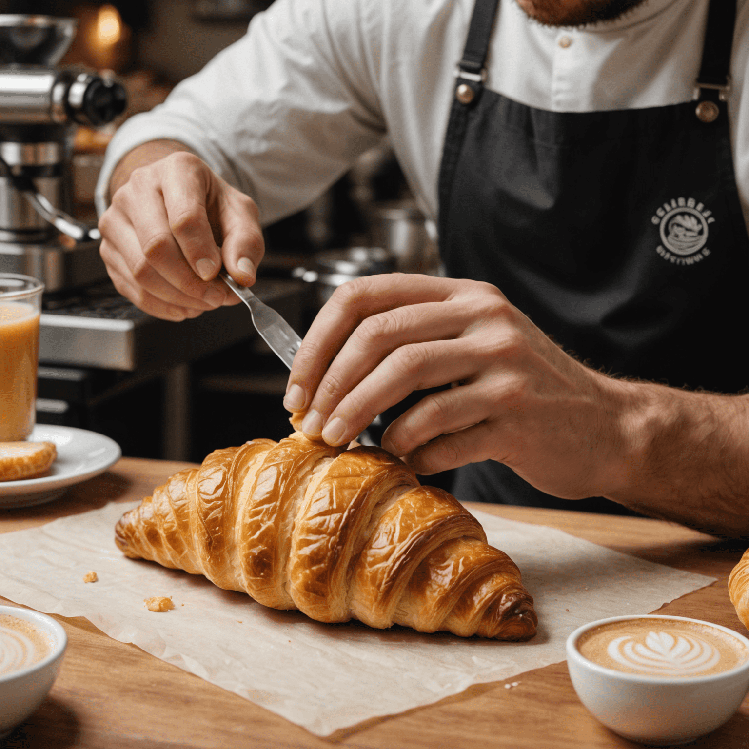 A close-up of hands carefully crafting a croissant, showing the delicate layers of buttery dough. Next to it, a barista is meticulously preparing a latte, emphasizing the attention to detail in both our pastries and coffee.