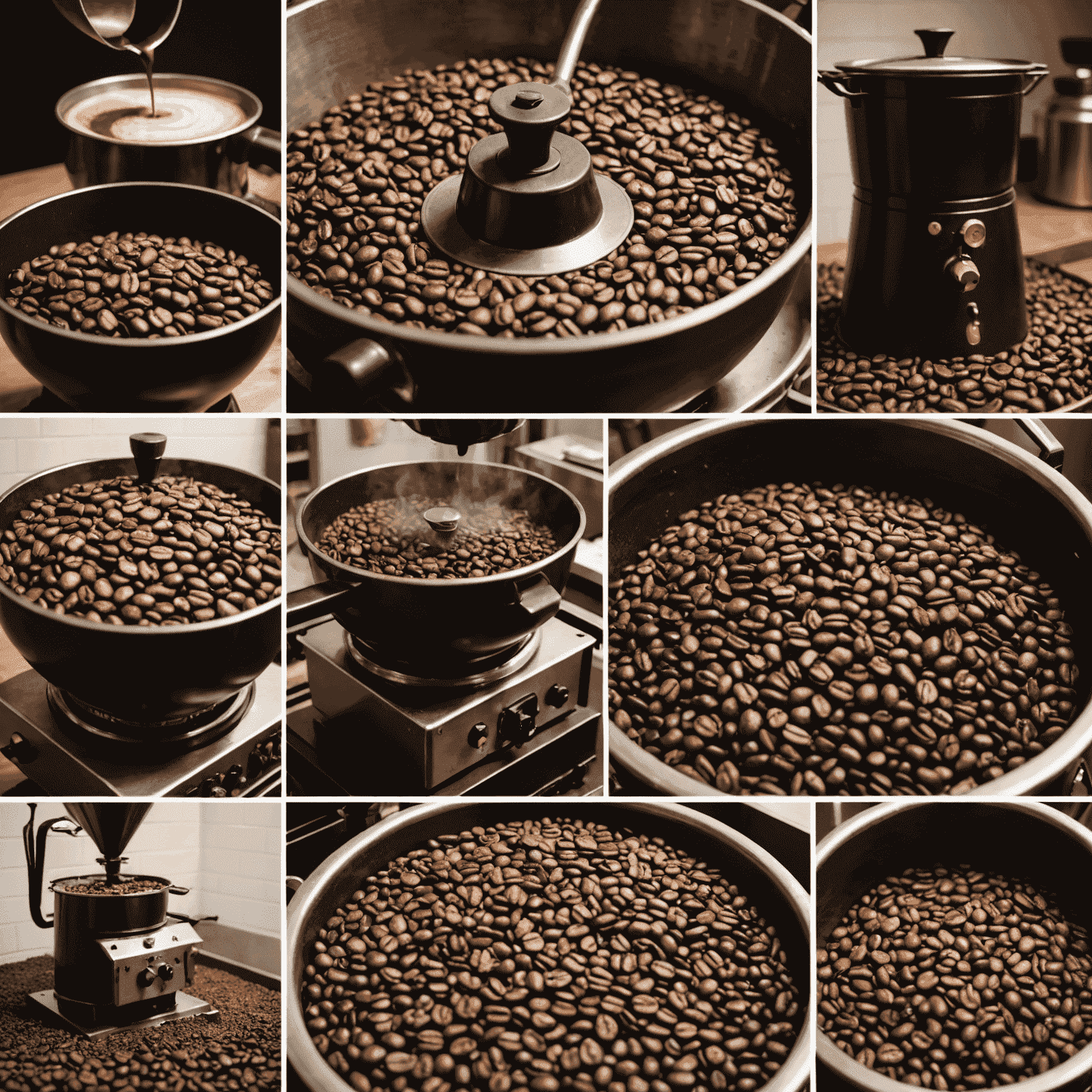 A time-lapse collage showing the stages of coffee roasting, from green beans to dark roast, with a professional roasting machine in the background