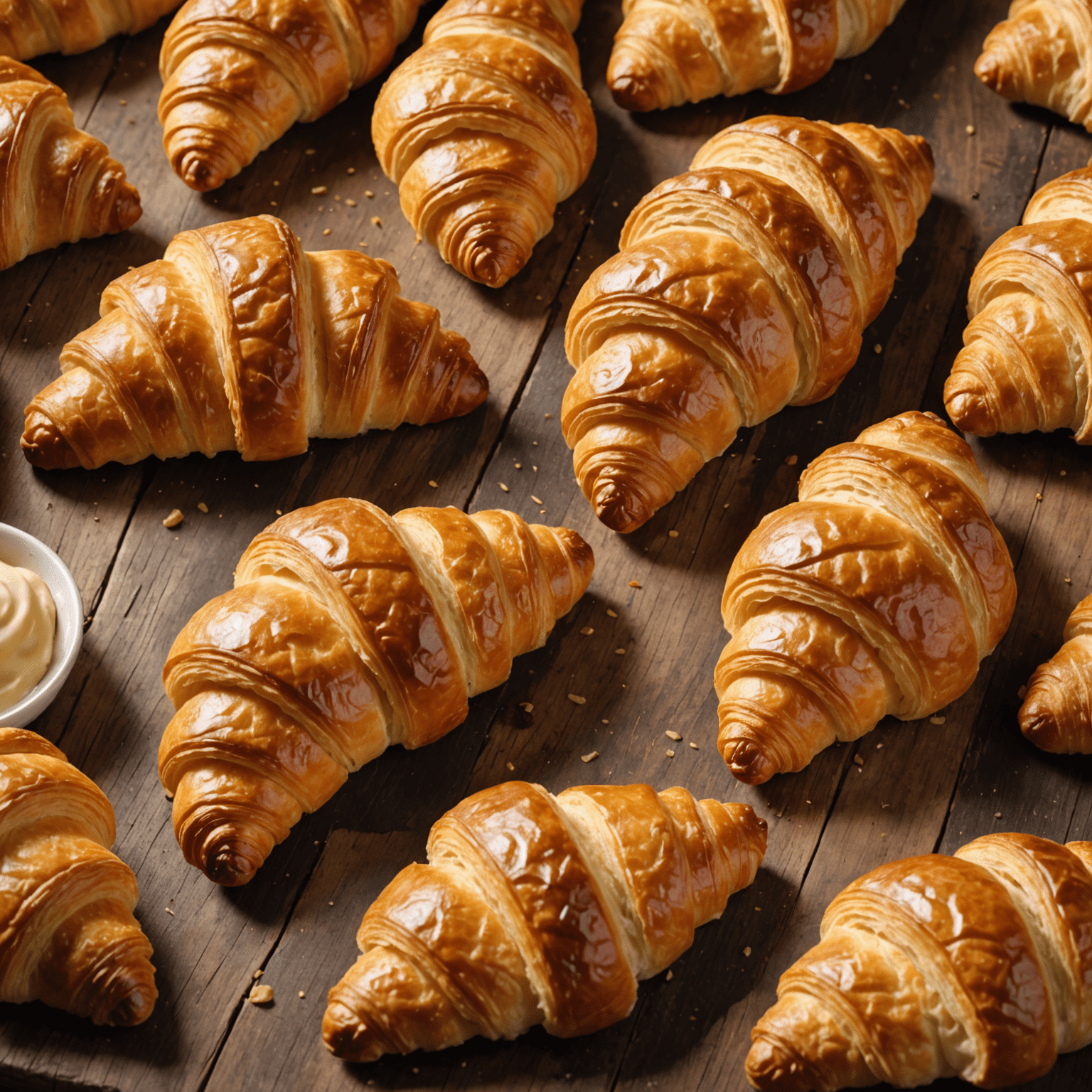 A close-up of freshly baked, golden-brown traditional French croissants arranged on a rustic wooden board