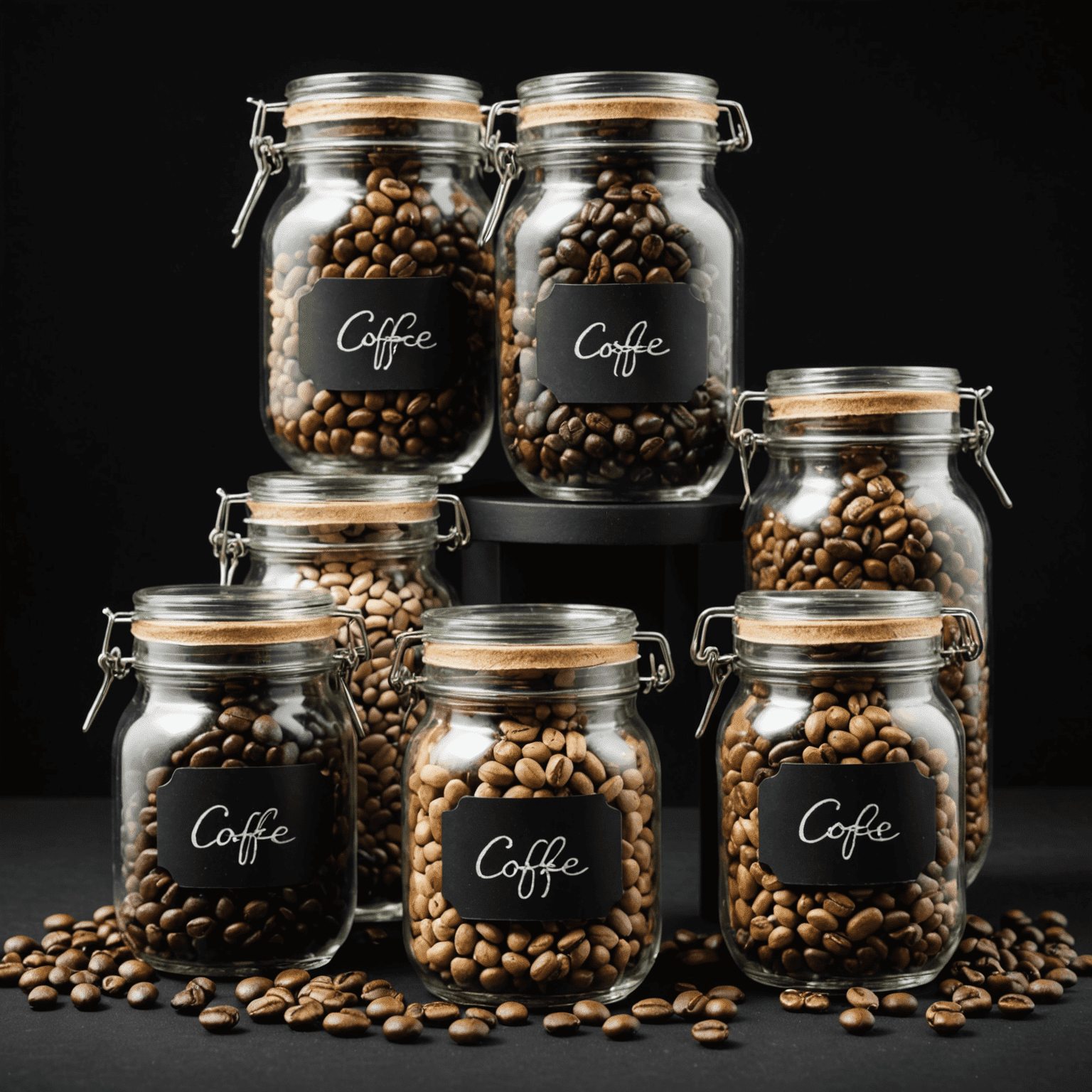 Four small glass jars filled with different coffee beans, labeled with their origin and roast level, placed on a black background