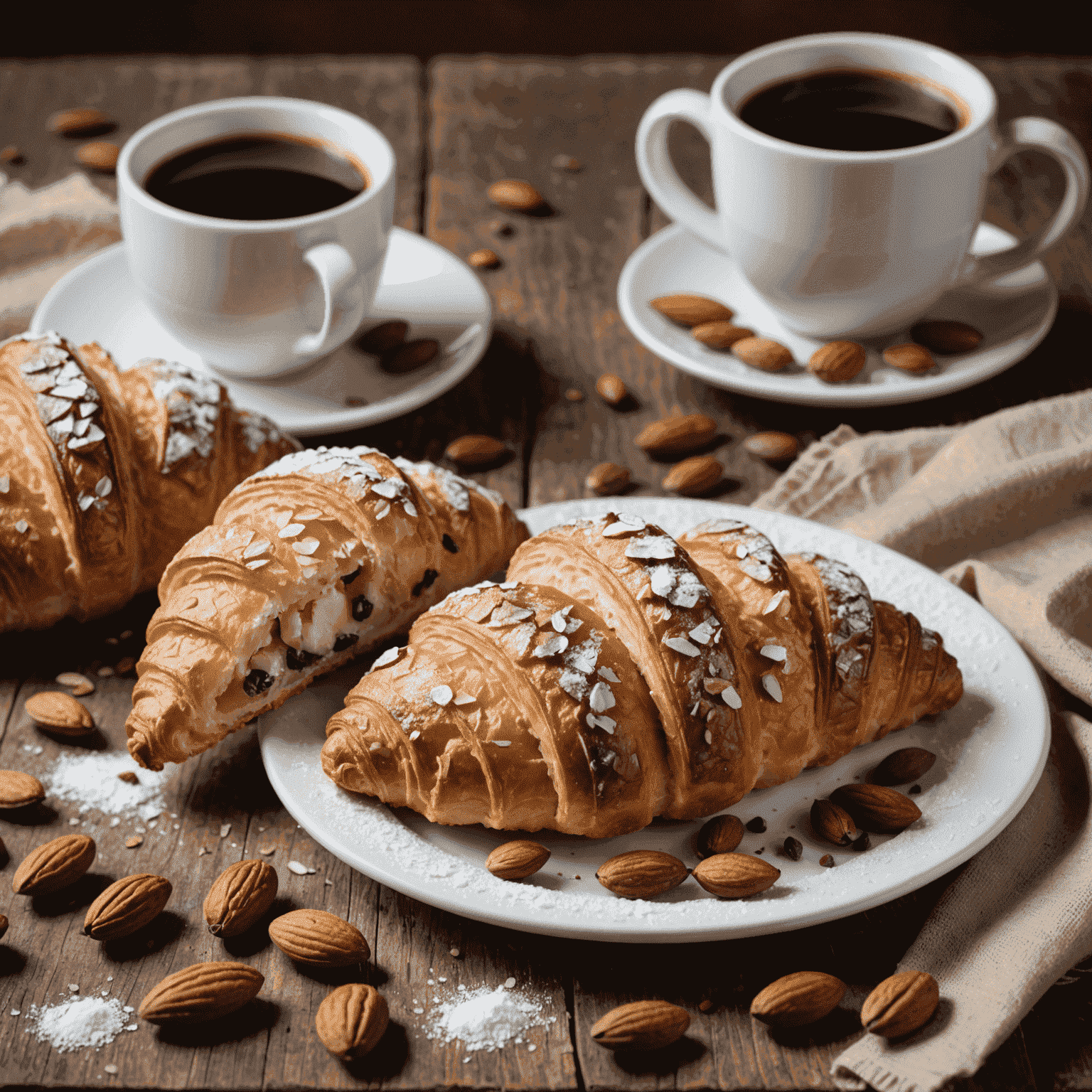 A close-up of an almond croissant, its surface dusted with powdered sugar and sliced almonds, next to a cup of medium roast coffee in a white ceramic mug. The scene is set on a rustic wooden table with scattered coffee beans for decoration.