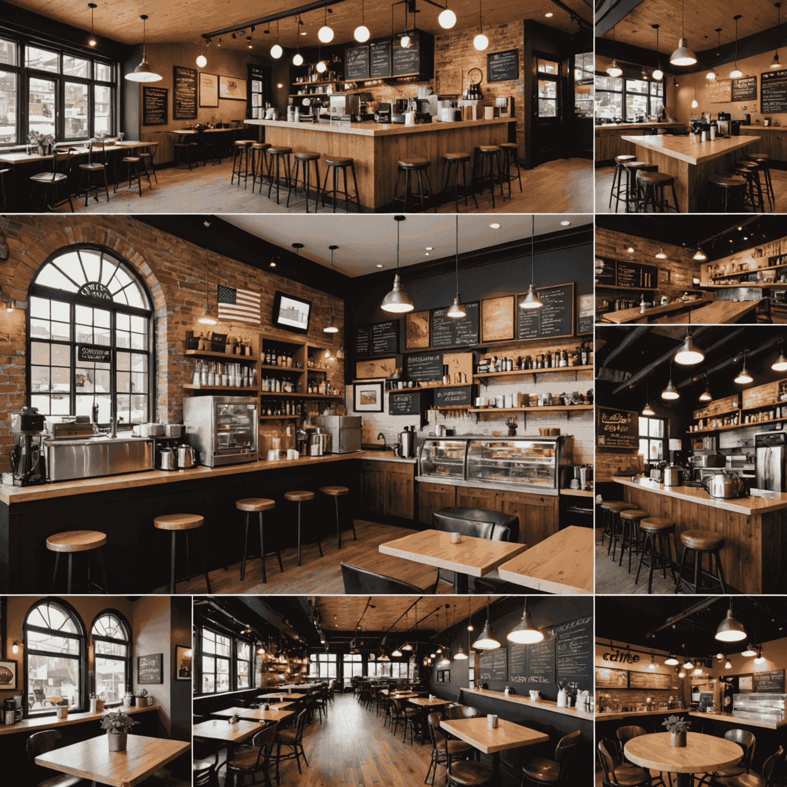 A collage of American and Canadian coffee shops, showcasing the unique atmospheres, decor, and signature drinks of each country's cafe culture