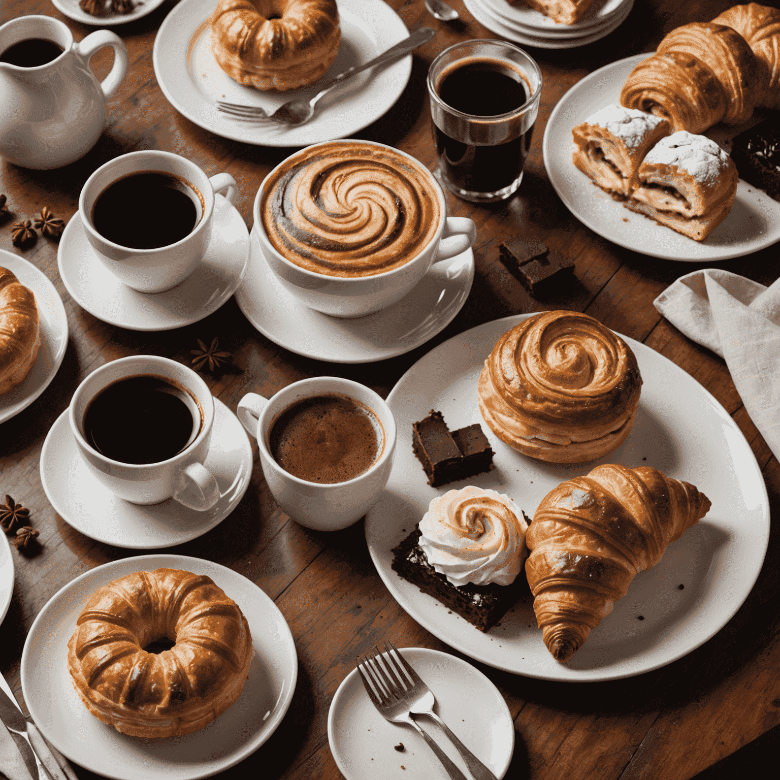 A beautifully arranged table setting with a cup of steaming coffee next to a plate of assorted American pastries including a croissant, cinnamon roll, and brownie