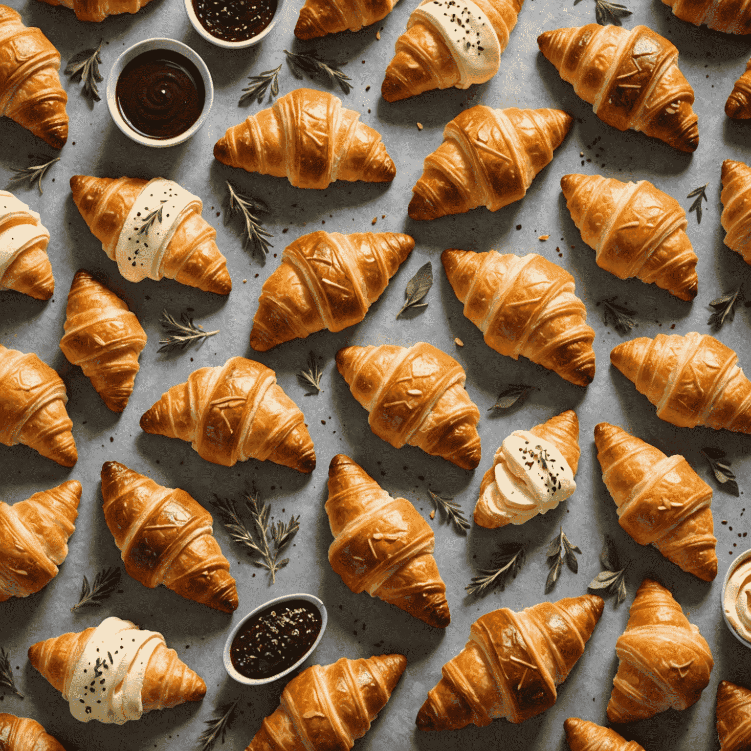 An assortment of innovative New York-style croissants including chocolate-filled, almond-topped, and savory varieties with cheese and herbs