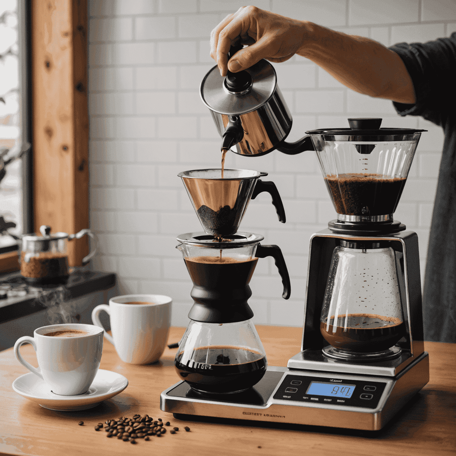 A person carefully pouring hot water over freshly ground coffee in a pour-over setup, with a digital scale and timer visible