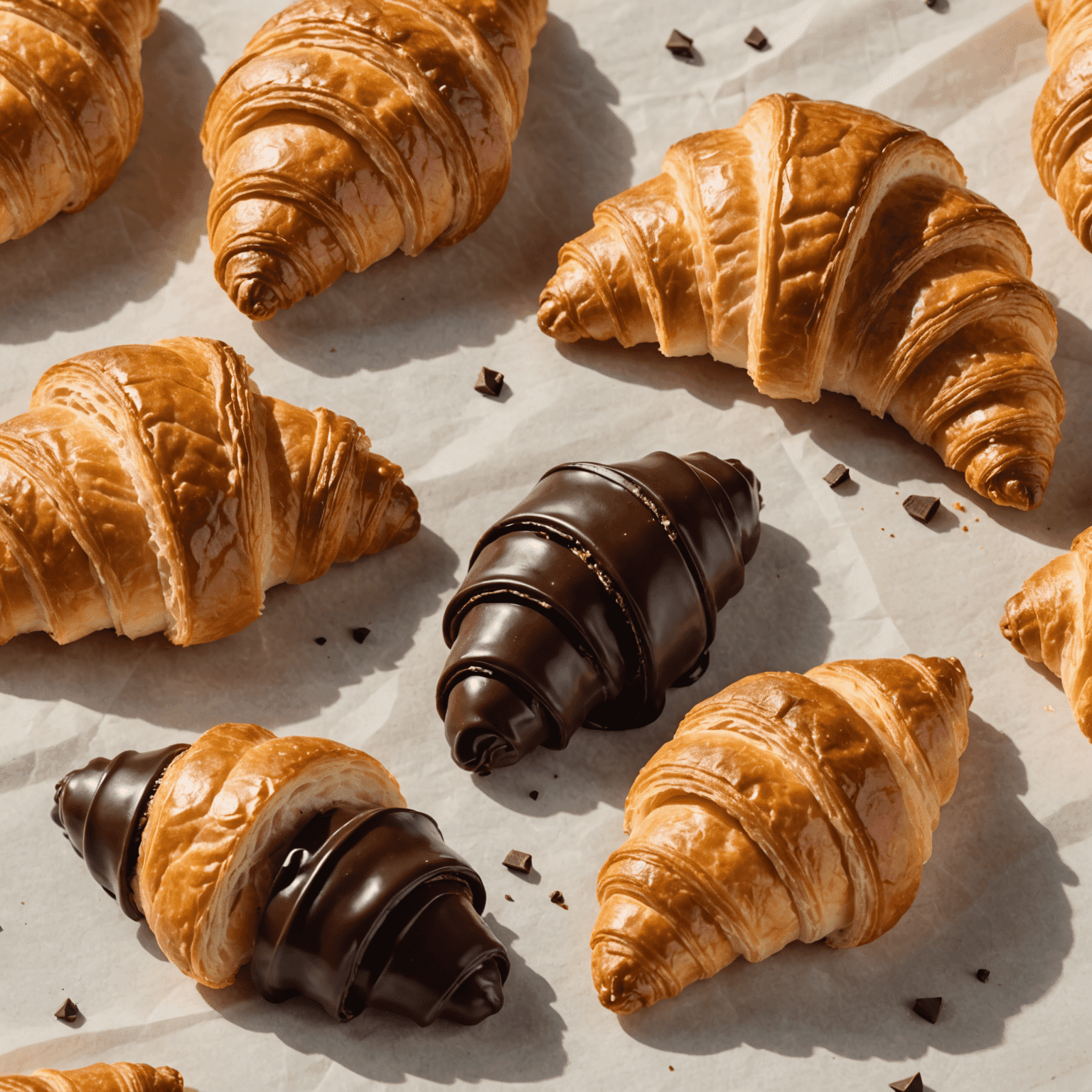 A split image showing a traditional French croissant on one side and an American-style chocolate-filled croissant on the other, symbolizing the pastry's journey from Paris to New York