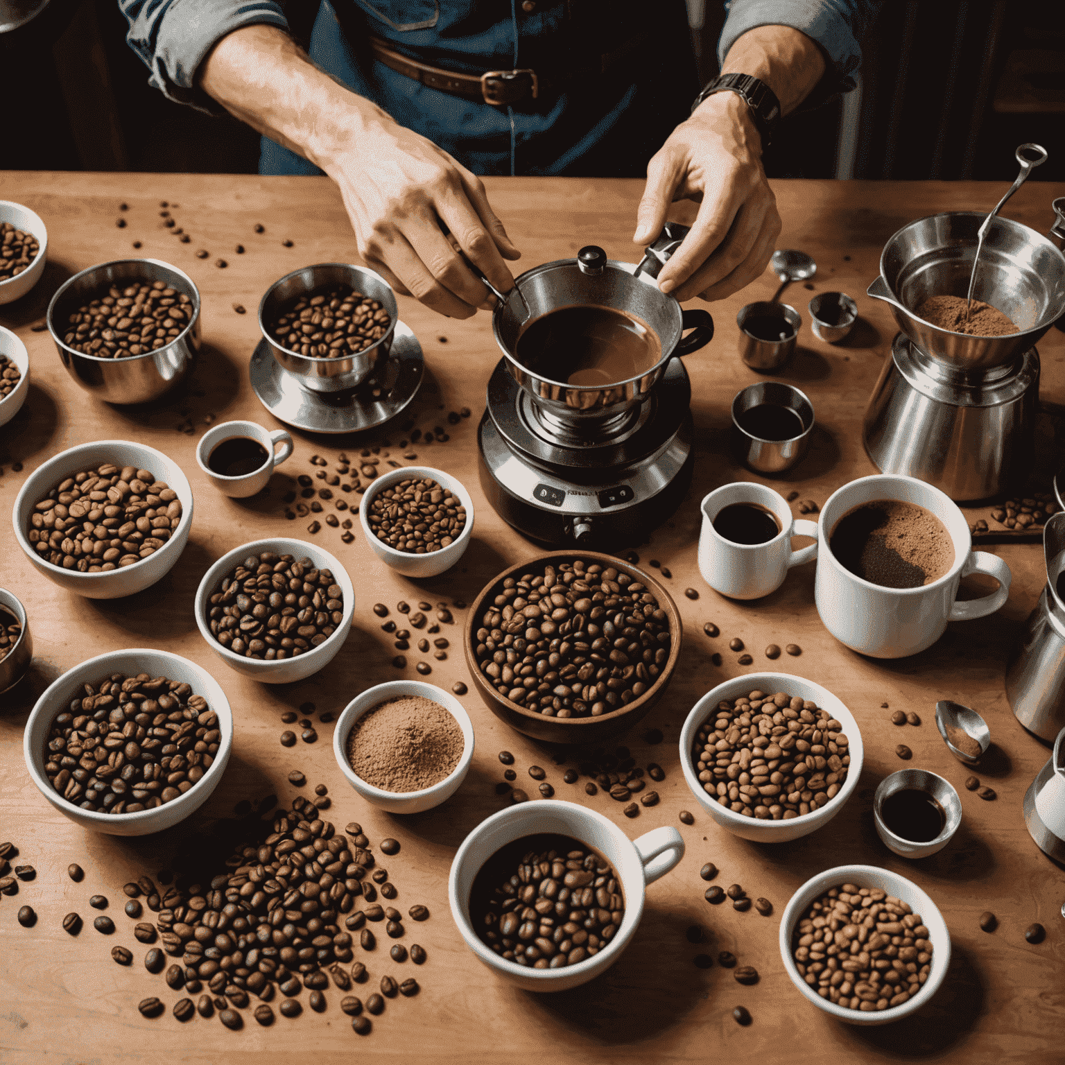 An array of different American coffee beans, brewing equipment, and a person creating a custom blend, illustrating the DIY coffee blending process