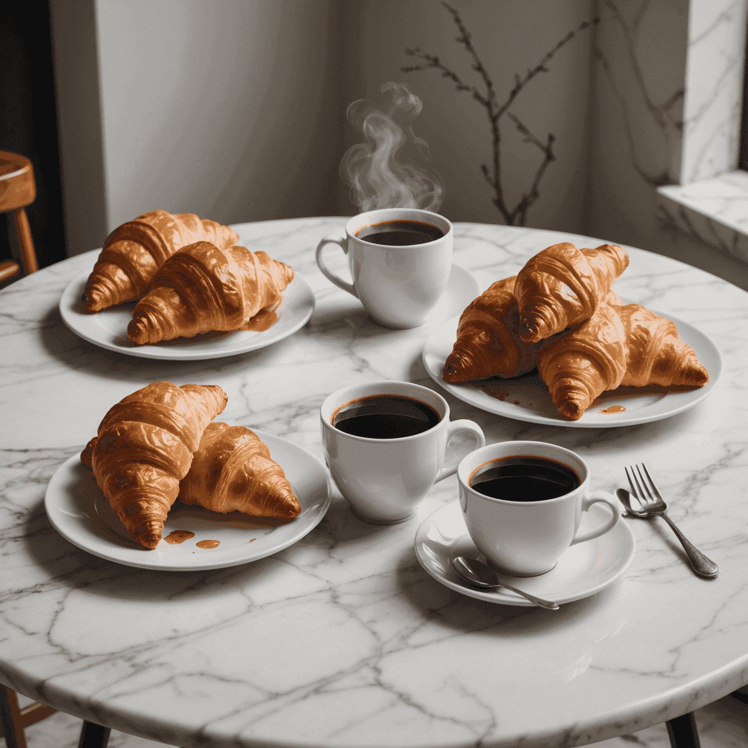 A cozy cafe scene with a plate of various croissants next to a steaming cup of coffee on a marble table