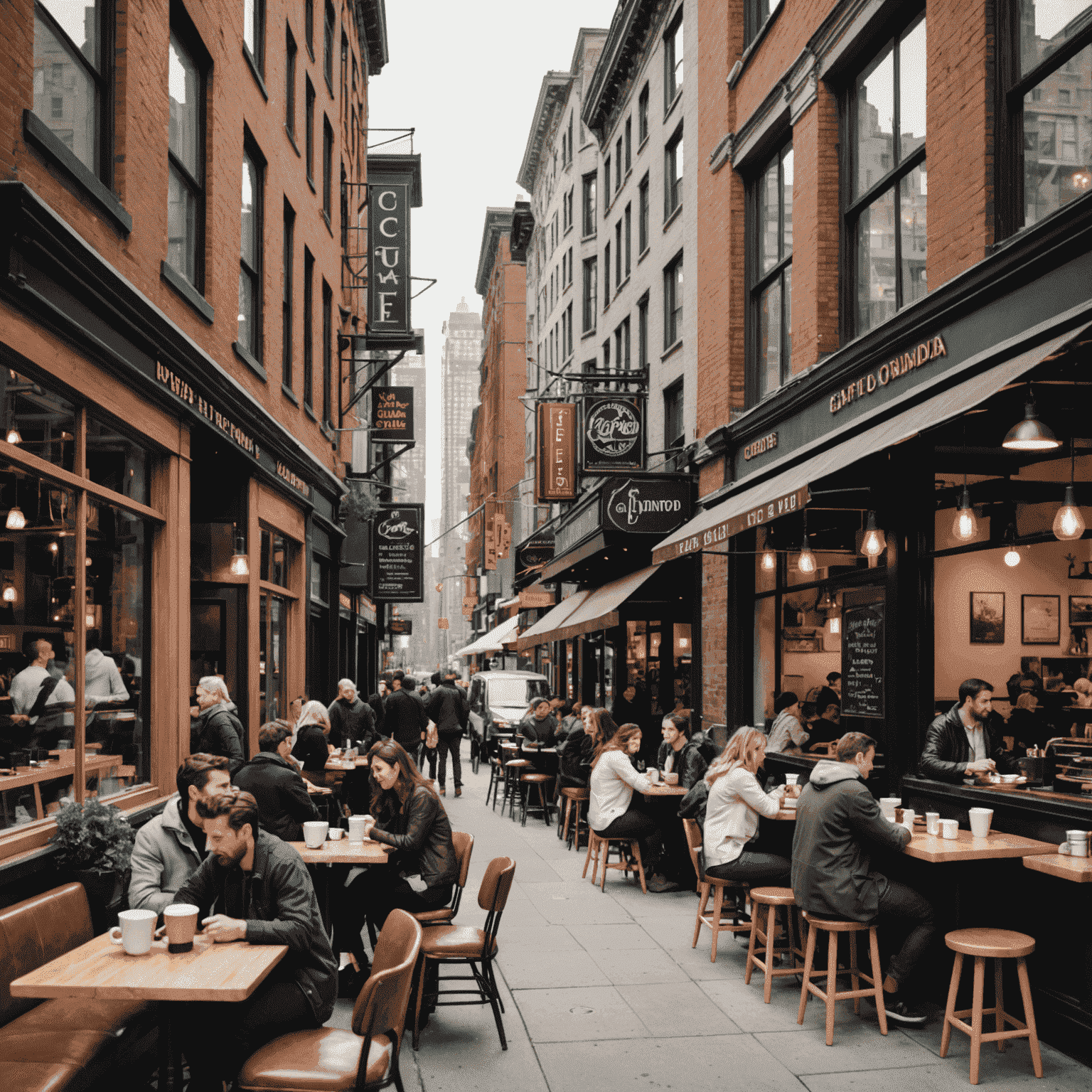 A split screen image showing a bustling New York coffee shop on one side and a cozy Vancouver café on the other, highlighting the differences in café culture between the USA and Canada