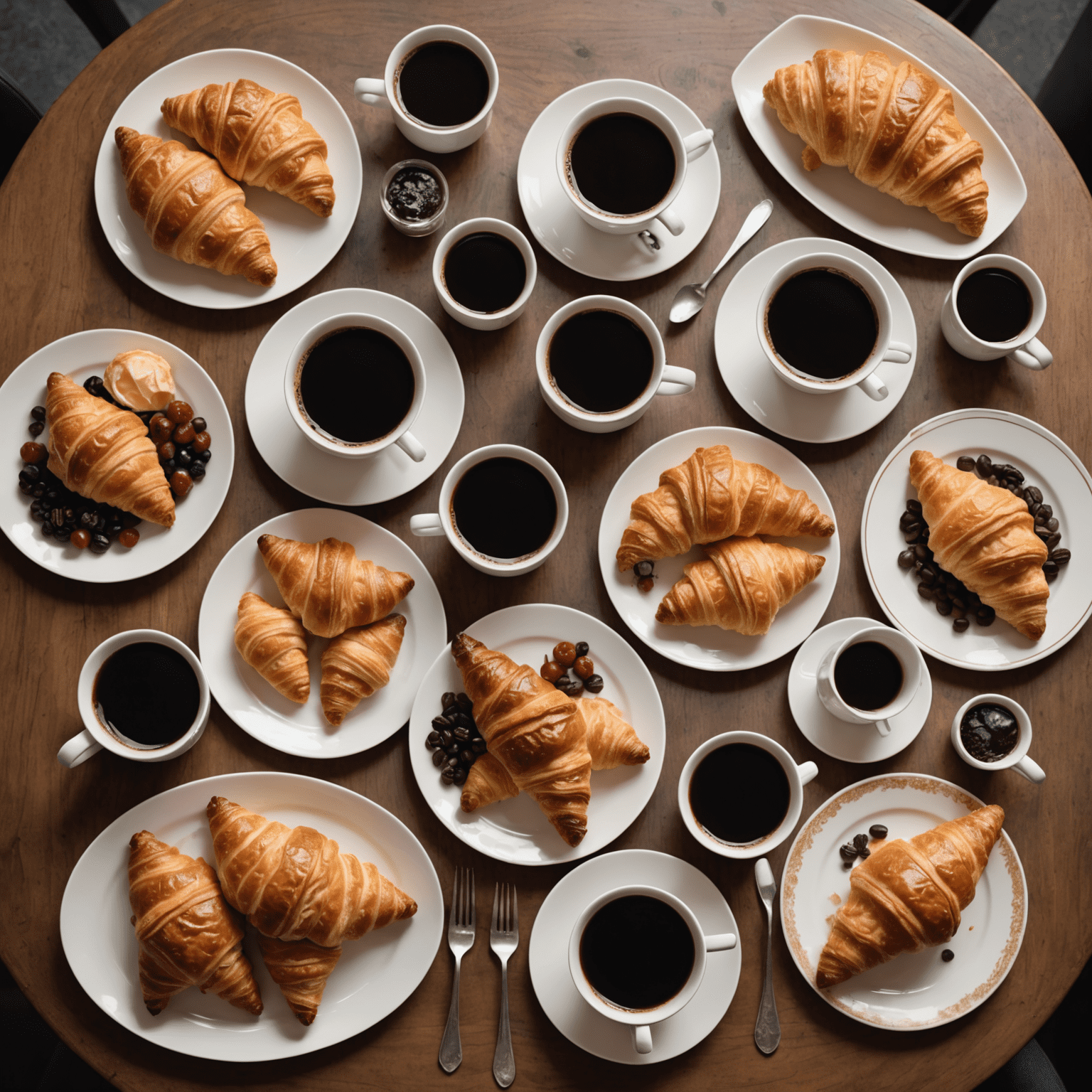 A beautifully arranged table with various American coffee styles and croissant types, showcasing perfect pairing combinations